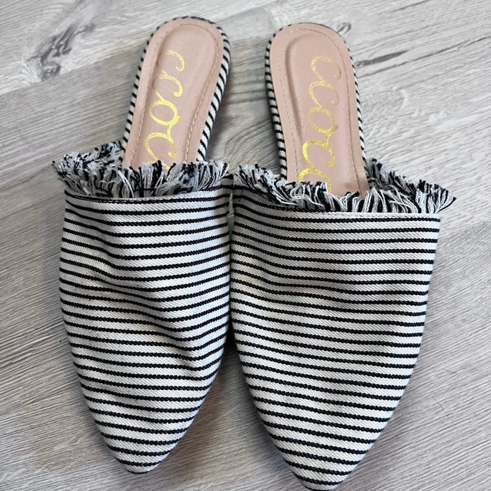 Coco Striped Flats, Canvas Material with Fringe